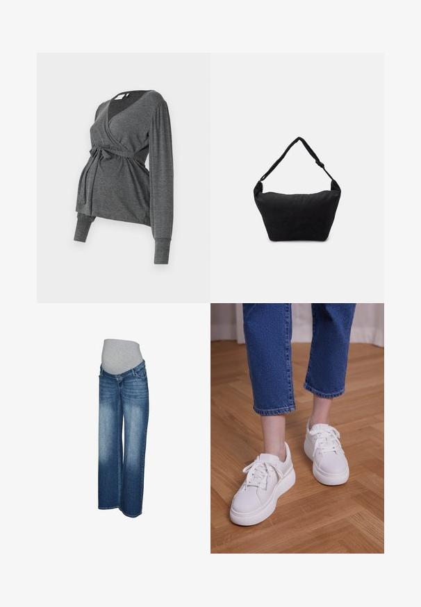 Grå, langærmet indpakningsbluse lavet af blødt materiale, med v-hals og bindebånd i taljen. Ærmerne har en let puffdetalje.; Graviditetsjeans i lys til mørkeblå denim. Bredbenet design med en grå elastisk linning for komfort og stræk. Ingen synlige metaldele.; Ben iført cropped blå jeans og hvide snørebånds-plateausneakers, stående på lyst trægulv.; Sort stof skuldertaske med en blød tekstureret overflade, rund form og en enkelt rem. Minimalistisk design uden synligt hardware eller accenter.