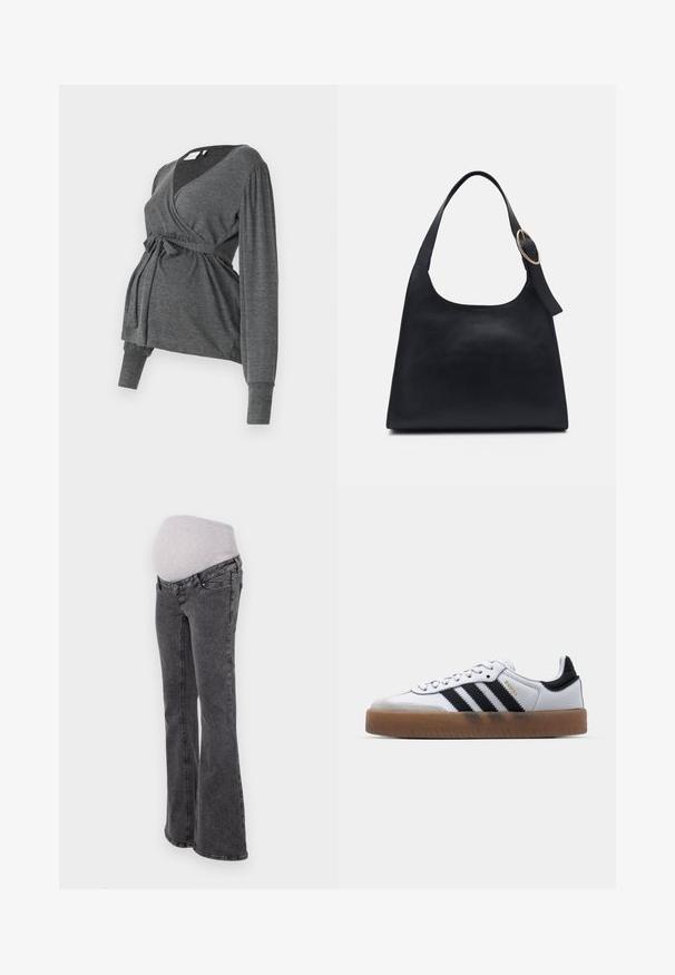 Grijze lange mouw wikkeltop van zacht materiaal, met een v-hals en een strik taille. De mouwen hebben een lichte puffdetail.; Zwangerschapsjeans met een fitted grijze elastische tailleband, uitlopende pijpen en een donkergrijze denimafwerking, voorzien van standaard stiksels en zakken.; Witte leren sneakers met zwarte strepen, gumrubberen buitenzool, ronde neus, vetersluiting en een zachte grijze suède neuskap.; Zwarte leren tote bag met een gladde textuur, ronde vorm en een enkele schouderband met een ronde gouden hardware accent.