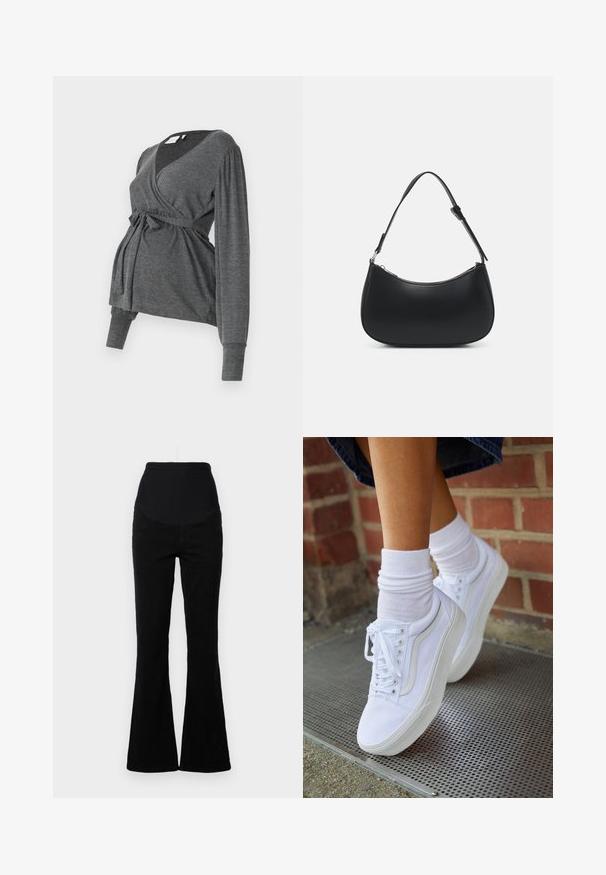 Top envolvente gris de manga larga, hecho de un material suave, que presenta un escote en V y una cintura atada. Las mangas tienen un ligero detalle abombado.; Vaqueros negros acampanados con una cintura alta, hechos de denim. Presenta un estilo de cinco bolsillos y una textura suave con acentos cosidos.; Zapatillas de lona blancas con suelas de goma, que presentan seis ojales, puntera redonda y detalles de costura ligera, combinadas con calcetines blancos hasta el tobillo.; Pieces PCALUANA SHOULDER BAG - Bolso de mano - black