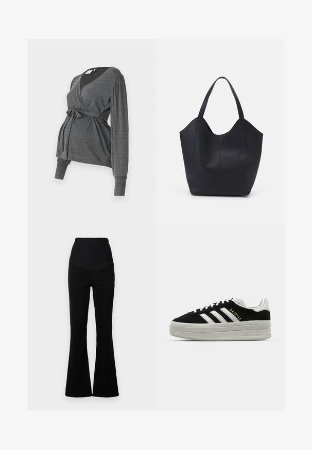 Top envolvente gris de manga larga, hecho de un material suave, que presenta un escote en V y una cintura atada. Las mangas tienen un ligero detalle abombado.; Vaqueros negros acampanados con una cintura alta, hechos de denim. Presenta un estilo de cinco bolsillos y una textura suave con acentos cosidos.; Zapatillas negras de ante con detalles en cuero blanco, tres rayas blancas, cordones planos y una gruesa suela de plataforma gris. Marca "Gazelle" en dorado.; Bolso tote negro fabricado en cuero liso, con un diseño minimalista que presenta un borde superior curvado y dos asas para el hombro.