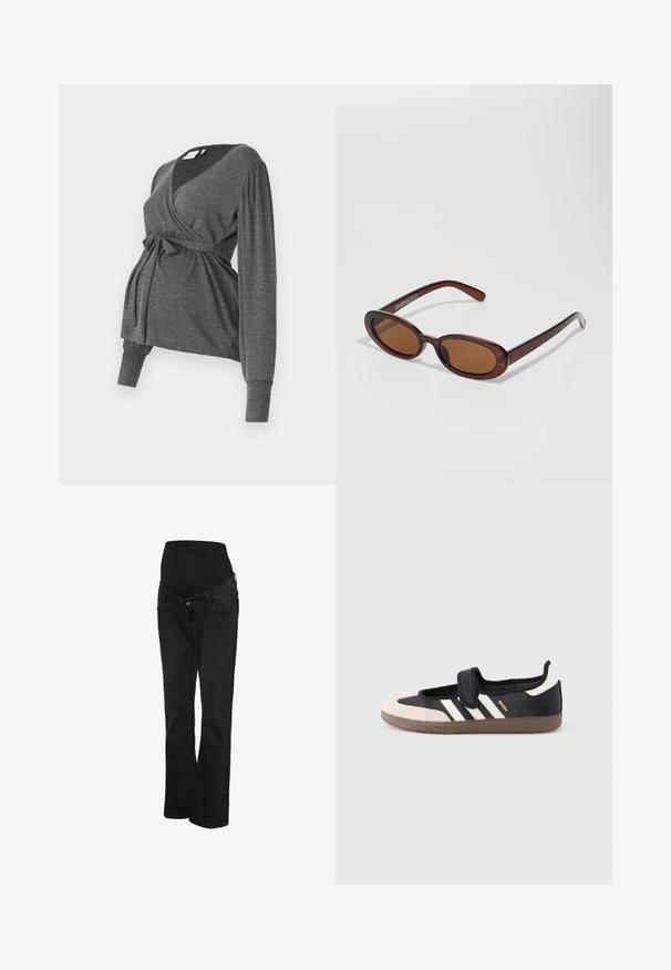 Grijze lange mouw wikkeltop van zacht materiaal, met een v-hals en een strik taille. De mouwen hebben een lichte puffdetail.; Zwarte zwangerschapsjeans met een rekbare hoge tailleband en een rechte pijp, ontworpen voor comfort en ondersteuning tijdens de zwangerschap.; Zwart-beige sneaker met een klittenbandsluiting, drie witte strepen aan de zijkant en een getextureerde bruine rubberen zool. Merkembleem zichtbaar.; Ronde, bruin getinte zonnebril met een glanzend bordeauxrood frame. Slanke pootjes met subtiele merkdetails. Vlakke lensontwerp.