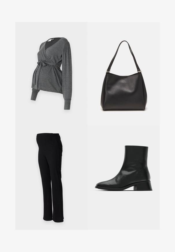 Top envolvente gris de manga larga, hecho de un material suave, que presenta un escote en V y una cintura atada. Las mangas tienen un ligero detalle abombado.; ONLY MATERNITY OLMHALLE - Pantalones - black; Botín negro de tobillo hecho de cuero brillante, con un diseño elegante, punta afilada y un tacón bloque moderado para mayor estabilidad.; Bolso de mano de cuero sintético negro con una textura suave, forma de hobo y doble asa; presenta un acabado brillante y un diseño minimalista.