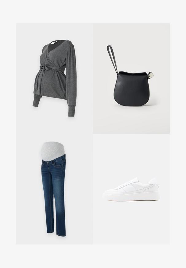 Grå, langærmet indpakningsbluse lavet af blødt materiale, med v-hals og bindebånd i taljen. Ærmerne har en let puffdetalje.; Graviditetsjeans i mørkeblå denim med en strækbar grå mavebånd, der har en tætsiddende pasform, forlommer og syede detaljer.; Hvid lavtop-sneaker med tyk sål, snørelukning og diskrete syningsdetaljer på en ensfarvet lys baggrund.; Sort læder håndledspung med rundet bund og sølvspænde på en ensfarvet hvid baggrund.