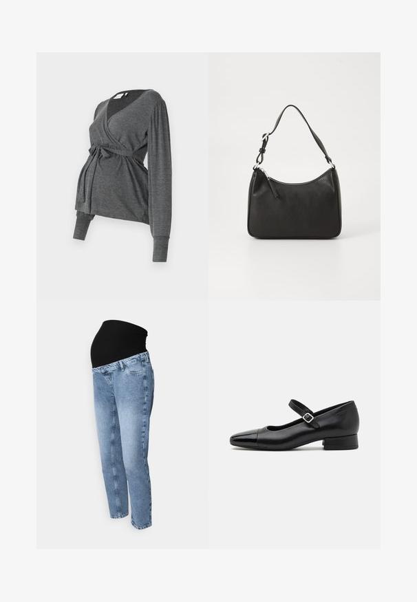 Top envolvente gris de manga larga, hecho de un material suave, que presenta un escote en V y una cintura atada. Las mangas tienen un ligero detalle abombado.; Jeans de maternidad con cinturilla elástica negra y denim azul claro. Diseño de pierna recta con estilo clásico de cinco bolsillos y lavado desvanecido.; Zapatos Mary Jane de cuero negro con puntera de charol, correa de tobillo ajustable y tacón bajo. Textura suave y diseño elegante.; Bolso de mano de cuero negro con forma curvada, una sola correa, cierre de cremallera y marcas sutiles en la parte frontal. Textura suave, diseño minimalista.