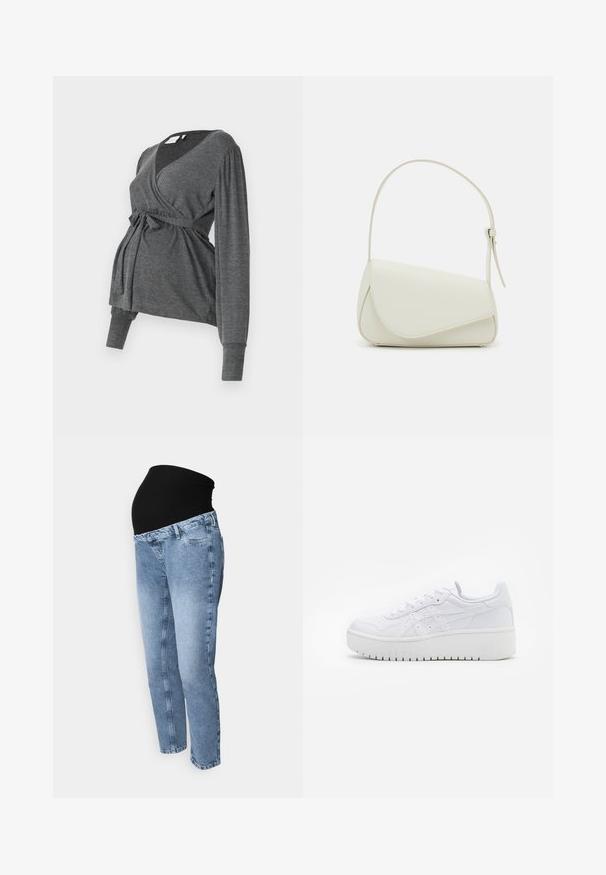 Top envolvente gris de manga larga, hecho de un material suave, que presenta un escote en V y una cintura atada. Las mangas tienen un ligero detalle abombado.; Jeans de maternidad con cinturilla elástica negra y denim azul claro. Diseño de pierna recta con estilo clásico de cinco bolsillos y lavado desvanecido.; Zapatillas de plataforma blancas con una textura de cuero suave, detalles perforados y cordones planos; cuentan con una suela de goma blanca gruesa.; Bolso de mano de imitación cuero blanco con una forma triangular estructurada, correa ajustable única y cierre con solapa acentuada en curva.