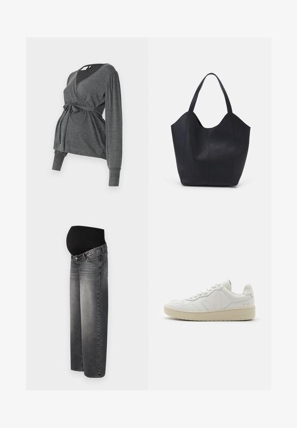 Top envolvente gris de manga larga, hecho de un material suave, que presenta un escote en V y una cintura atada. Las mangas tienen un ligero detalle abombado.; Jeans de maternidad en denim negro desgastado, con una cinturilla negra elástica para mayor soporte. Diseño de pierna ancha con bolsillos frontales estándar.; Zapatillas de cuero blancas con puntera perforada, suela de goma beige en contraste y acentos de logo en el lateral y el talón. Diseño minimalista.; Bolso tote negro fabricado en cuero liso, con un diseño minimalista que presenta un borde superior curvado y dos asas para el hombro.