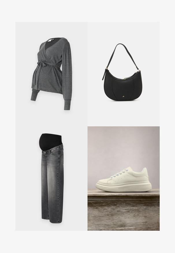 Grå, langærmet indpakningsbluse lavet af blødt materiale, med v-hals og bindebånd i taljen. Ærmerne har en let puffdetalje.; Graviditetsjeans i falmet sort denim med en strækbar sort talje for støtte. Vidde ben design med standard forlommer.; Hvid lædersneakers med rund tå, glat tekstur og kontrasterende snørebånd. Har ventilationshuller og en tyk gummisål for komfort.; Sort læderhåndtaske med en buet form, struktureret overflade, forreste syninger og et logo i guldfarve. Har en enkelt justerbar rem.