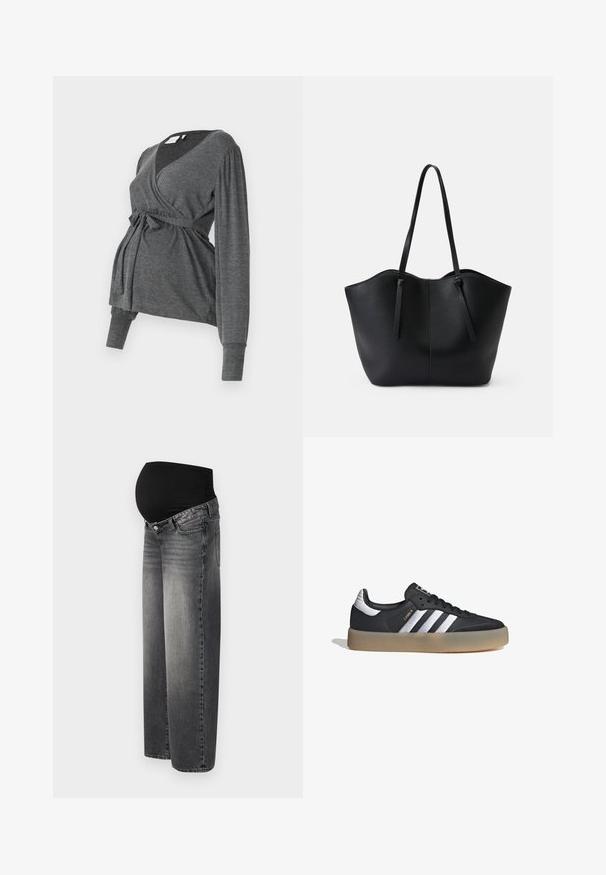 Top envolvente gris de manga larga, hecho de un material suave, que presenta un escote en V y una cintura atada. Las mangas tienen un ligero detalle abombado.; Jeans de maternidad en denim negro desgastado, con una cinturilla negra elástica para mayor soporte. Diseño de pierna ancha con bolsillos frontales estándar.; Zapatilla deportiva de cuero negro con tres rayas plateadas, punta texturizada y suela de goma. Cuenta con un collar acolchado y un diseño con cordones.; Bolso tote negro hecho de cuero texturizado, con dos asas largas y un diseño superior ondulado que incluye un detalle de costura central.