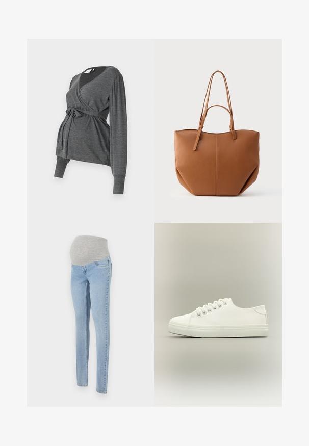 Grå, langærmet indpakningsbluse lavet af blødt materiale, med v-hals og bindebånd i taljen. Ærmerne har en let puffdetalje.; Graviditetsbukser i lys blå denim med en blød grå stræk-linning. Har slim fit og klassisk fem-lomme design.; Hvid lavtop sneaker med hvide snørebånd og gummisål vist fra siden på en neutral baggrund.; Tanfarvet taske i imiteret læder med to lange håndtag, afrundet form, synlige syninger og vertikale sømdetaljer. Glat tekstur.