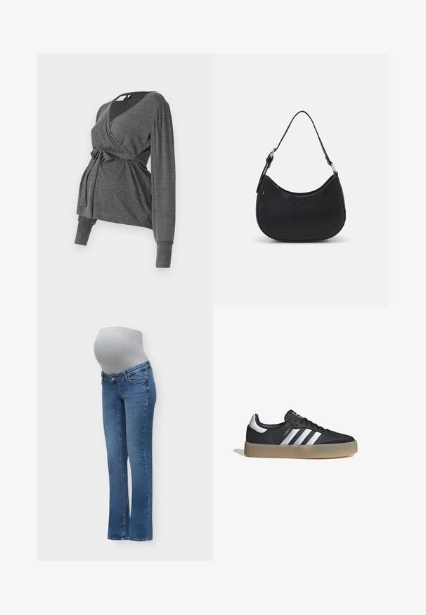 Top envolvente gris de manga larga, hecho de un material suave, que presenta un escote en V y una cintura atada. Las mangas tienen un ligero detalle abombado.; Vaqueros premamá azules con un panel elástico gris en la barriga, diseñado para ajustarse sobre la barriga de embarazo para mayor comodidad y soporte.; Zapatilla deportiva de cuero negro con tres rayas plateadas, punta texturizada y suela de goma. Cuenta con un collar acolchado y un diseño con cordones.; Bolso hobo negro hecho de cuero suave con una silueta curva, que cuenta con una sola correa ajustable y detalles de diseño minimalistas.
