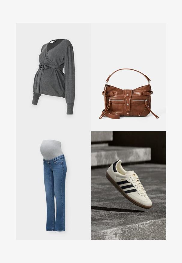 Grijze lange mouw wikkeltop van zacht materiaal, met een v-hals en een strik taille. De mouwen hebben een lichte puffdetail.; Blauwe zwangerschapsjeans met een grijze rekbare buikstrook die ontworpen is om comfortabel over een zwangere buik te passen en ondersteuning te bieden.; Witte Adidas Samba sneaker met zwarte strepen en gumzool, zwevend boven gestructureerde grijze betonnen treden.; Bruine leren handtas met een afgeronde vorm, twee voorzakken met ritssluiting en een afneembare schouderband. Heeft zilverkleurige hardware en stiksels.