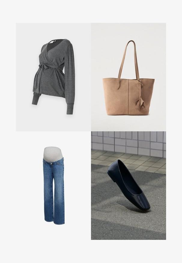 Grå, langærmet indpakningsbluse lavet af blødt materiale, med v-hals og bindebånd i taljen. Ærmerne har en let puffdetalje.; Blå graviditetsjeans med en grå elastisk linning designet til at rumme en gravid mave, vist mod en hvid baggrund.; Sort læder flad sko, stående opret på en asfaltbelægning nær en flisebelagt fortovskant.; Ruskinds-taske i afdæmpet beige med to lange stropper, et enkelt design og en bundet dekorationsdetalje på siden. Glat tekstur overalt.