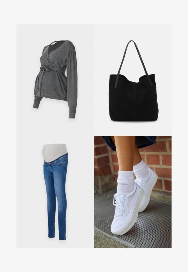 Grijze lange mouw wikkeltop van zacht materiaal, met een v-hals en een strik taille. De mouwen hebben een lichte puffdetail.; Zwangerschapsjeans in blauwe denim met een aansluitende pasvorm. Voorzien van een grijze stretchband voor extra comfort. Klassiek vijfzakkenontwerp met een lichte vervaging.; Witte canvas sneakers met rubberen zolen, voorzien van zes vetertjes, een ronde neus en lichte stikdetails, gecombineerd met witte enkelsokken.; Zwarte suede tote bag met twee lange, platte leren handvatten. Heeft een gebogen bovenrand en zichtbare stiksels aan de voorkant. Geen hardware-accenten.
