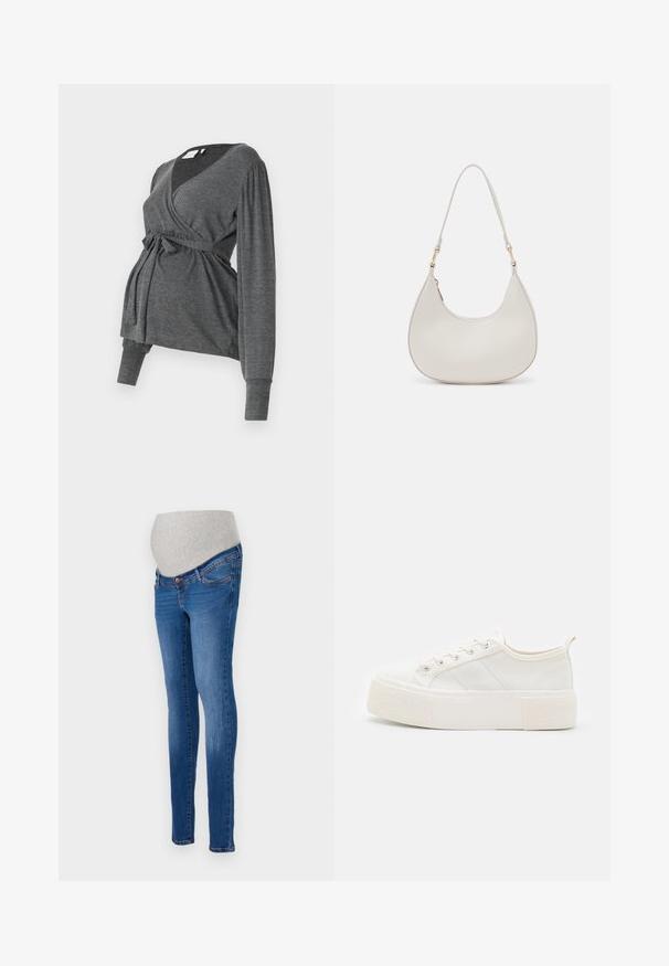 Grijze lange mouw wikkeltop van zacht materiaal, met een v-hals en een strik taille. De mouwen hebben een lichte puffdetail.; Zwangerschapsjeans in blauwe denim met een aansluitende pasvorm. Voorzien van een grijze stretchband voor extra comfort. Klassiek vijfzakkenontwerp met een lichte vervaging.; Witte canvas sneakers met een gestructureerde, chunky zool, voorzien van platte veters, zijstrepen en een lipje op de hiel voor gemakkelijk aan- en uittrekken.; Crème leren schoudertas met een halve maan vorm, dunne schouderband en subtiele stiksels. Minimalistisch ontwerp met gouden hardware accenten.