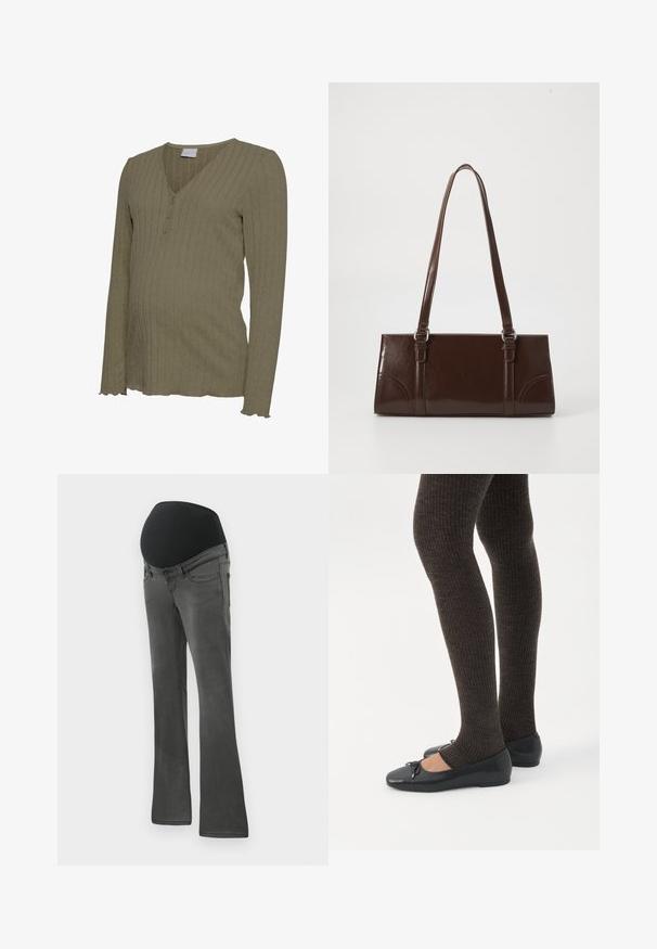 Graviditet langærmet top i olivengrøn, har en ribbet tekstur, V-hals med tre knapper og bølget kantdetalje. Blødt strikket materiale.; Graviditetsbukser i mørkegrå denim med en bred elastisk sort talje, lige benform og subtle udblegning på stoffet.; Ben iført mørke ribbede leggings kombineret med sorte balletsko med små sløjfedetaljer på hvid baggrund.; Brun lakeret håndtaske med rektangulær form, to lange håndtag og subtile buede detaljer på fronten.