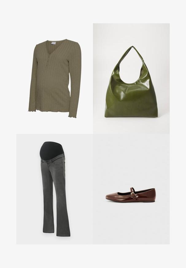 Lange mouwen zwangerschaps-top in olijfgroen, met een geribbelde textuur, V-hals met drie knopen en een afgewerkt scallop-zoomdetail. Zachte gebreide stof.; Zwangerschapsjeans in donkergrijze denim met een brede elastische zwarte tailleband, rechte pijpen en subtiele vervaging op de stof.; Bruine gepatineerde leren balletschoen met een vierkante neus en een bandje met een kleine gouden gesp. Gladde textuur, lage hak en minimalistisch ontwerp.; Groene leren hobotas met een slordig ontwerp, gebogen handvat en een gladde textuur. Bevat geen zichtbare hardware of accenten.