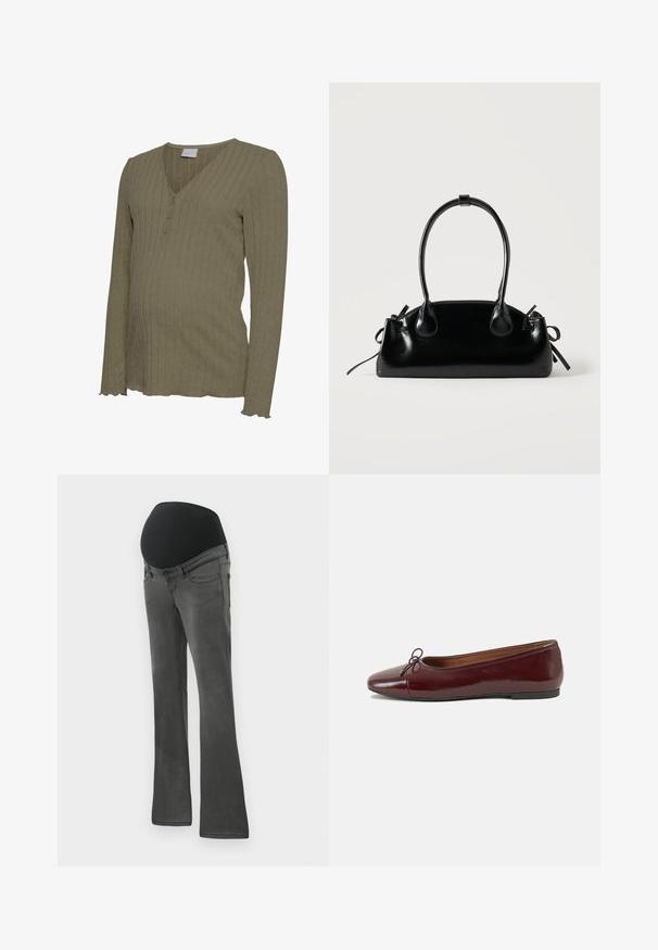 Graviditet langærmet top i olivengrøn, har en ribbet tekstur, V-hals med tre knapper og bølget kantdetalje. Blødt strikket materiale.; Graviditetsbukser i mørkegrå denim med en bred elastisk sort talje, lige benform og subtle udblegning på stoffet.; Bordeaux patentlæder balletflad med rund tå, lille sløjfeaccent foran og en lav, sort gummisål. Glat tekstur.; Lille sort blank håndtaske med to lange håndtag og snøre-detaljer i siden på en ensfarvet lys baggrund.