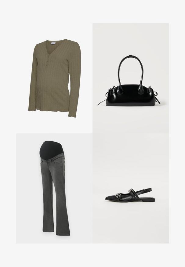Graviditet langærmet top i olivengrøn, har en ribbet tekstur, V-hals med tre knapper og bølget kantdetalje. Blødt strikket materiale.; Graviditetsbukser i mørkegrå denim med en bred elastisk sort talje, lige benform og subtle udblegning på stoffet.; Even&Odd Slingback-ballerinasko - black; Lille sort blank håndtaske med to lange håndtag og snøre-detaljer i siden på en ensfarvet lys baggrund.