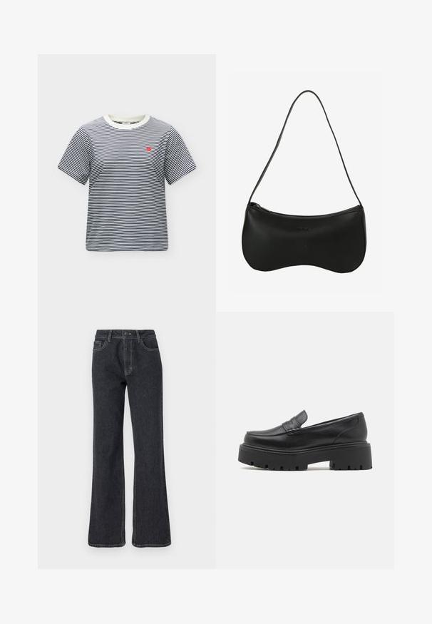 Kortærmet t-shirt med horisontale, marineblå og hvide striber, med et lille rødt hjerteemblem på venstre bryst og hvid rund halsudskæring.; Mørk denim jeans med flare nederst og høj livvidde, prydet med gyldne syninger, fem lommer og knaplukning. Glat overflade, lige ben-design.; Sorte læder loafers med en lav, grov gummi sål, syede detaljer på overdelen og en glat overflade.; Sort skuldertaske i læder med buet form, lynlås og enkelt tynd skulderrem; glat tekstur og diskret præget logodetalje.
