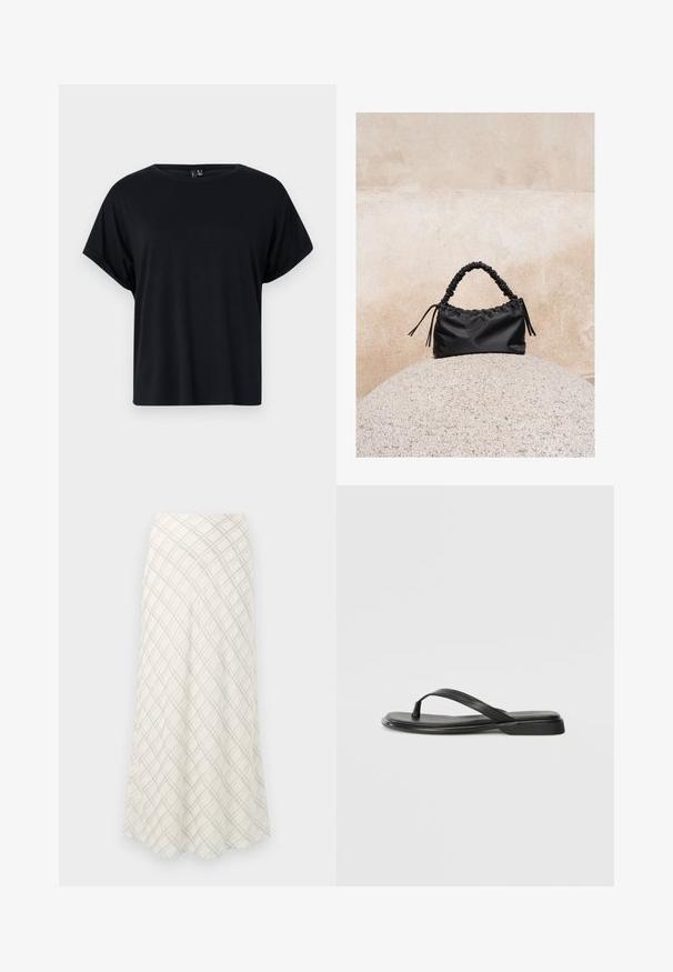 Schwarzes Kurzarm-T-Shirt aus weichem Baumwollstoff. Mit Rundhalsausschnitt und lockerer Passform. Glatte Textur ohne sichtbare Muster oder Akzente.; Langer, cremefarbener Rock mit einem diagonalen Karomuster in Grau. Fließendes Design mit einer glatten Textur, das zur Säume hin ausläuft.; Schwarze Flip-Flops aus glattem Leder, mit einem dünnen Riemendesign und einer flachen Sohle mit minimalem Profil. Keine bemerkenswerten Muster oder Akzente.; Schwarze geraffte Handtasche mit einem gesammelten Griff, die auf einer strukturierten Steinkugel vor einem beigen Betonwand-Hintergrund liegt.