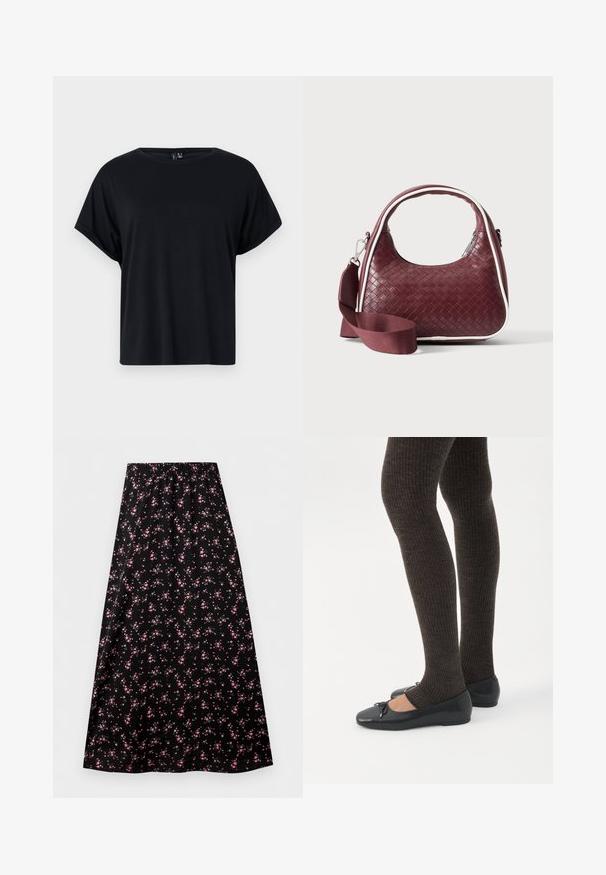T-shirt noir à manches courtes en coton doux. Présente un col rond et une coupe décontractée. Texture lisse sans motifs ni accents visibles.; Jupe noire trapèze avec taille élastique, présentant un petit motif floral rose uniformément réparti sur le tissu.; Jambes portant des leggings côtelés foncés associés à des ballerines noires avec de petits détails en nœud sur fond blanc.; Sac à main en cuir tressé marron foncé avec poignée courbée, garniture blanche, fermeture éclair argentée et bandoulière large en tissu amovible sur fond uni.