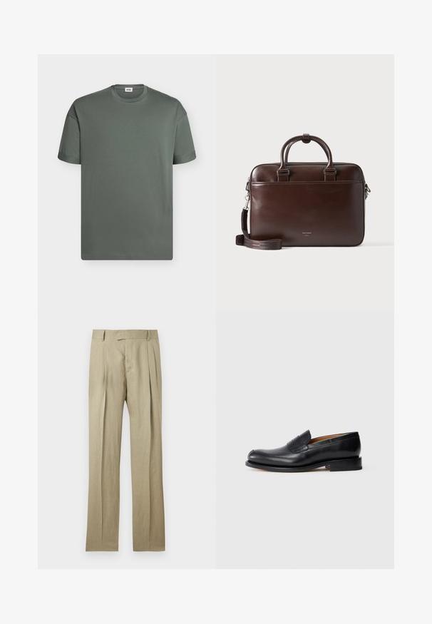 T-shirt uni à manches courtes et col rond en gris foncé avec une petite étiquette de marque à l'intérieur du col.; Pantalon beige ajusté avec plis à l'avant, passants pour ceinture, et coupe droite, présenté sur un fond uni.; Mocassin en cuir noir avec une finition lisse, bout arrondi et un petit rabat à l'avant. Caractérisé par un petit talon noir uni et des accents de design minimaux.; Mallette en cuir marron foncé avec double poignées et bandoulière amovible, forme rectangulaire, texture lisse et poche avant.