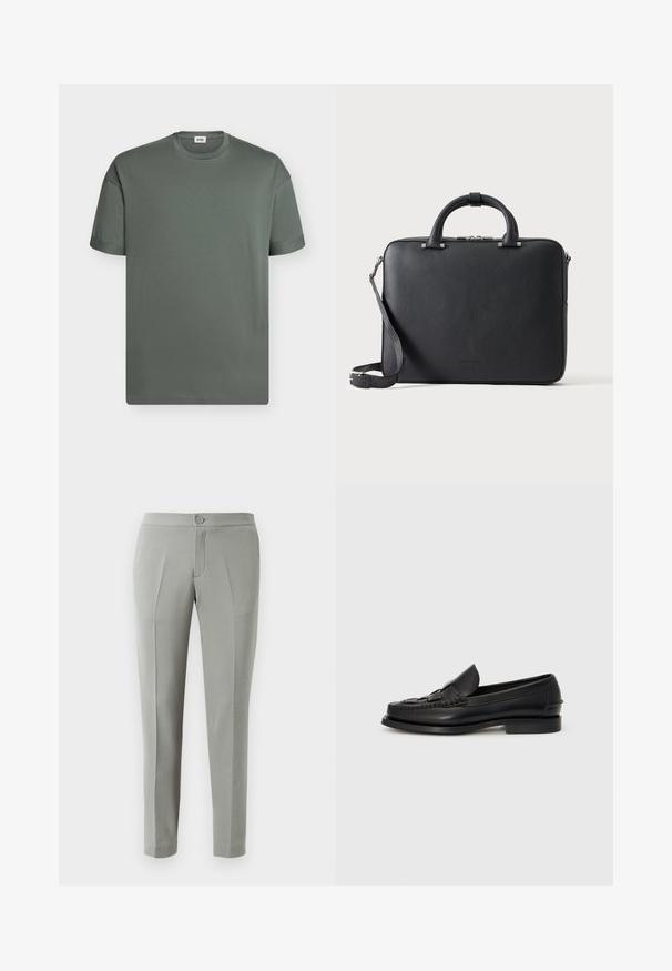 T-shirt uni à manches courtes et col rond en gris foncé avec une petite étiquette de marque à l'intérieur du col.; Pantalons gris ajustés avec une texture lisse, dotés d'une fermeture à bouton à l'avant, de deux poches avant et de jambes fuselées.; Mocassin en cuir noir avec un détail tissé à l'avant, bout arrondi et petit talon. Texture lisse et design minimaliste.; Mallette en cuir noir texturé avec double poignée, bandoulière amovible et fermeture éclair supérieure sur un fond clair uni.