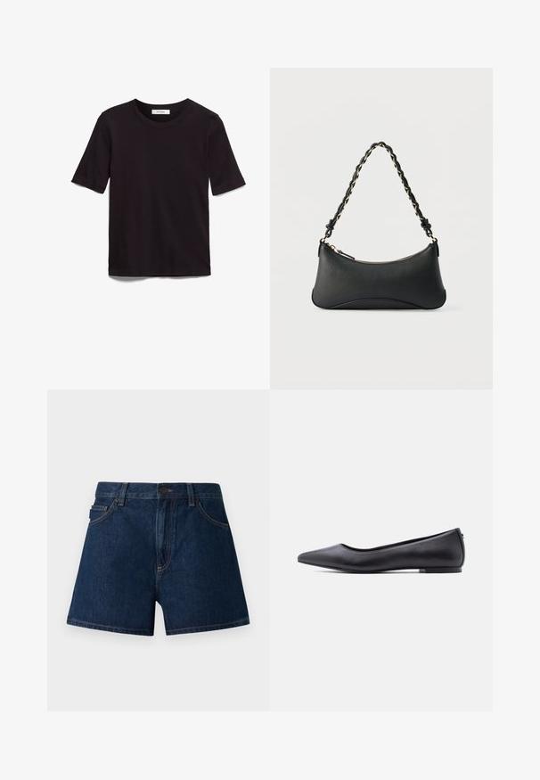 Zwarte T-shirt met korte mouwen van zacht katoen, met een ronde hals en een gladde, gelijkmatige textuur met een minimaal ontwerp.; Donkerblauwe denim shorts. Voorzien van een klassieke snit met een tailleband, voorzakken en zichtbare naden. Soepele textuur, minimalistisch ontwerp.; Zwarte platte leren schoen met puntige neus en lage hak, zijaanzicht tegen een witte achtergrond.; Zwarte lederen schoudertas met een gebogen rechthoekige vorm, gouden ketting verweven in een gevlochten zwarte band, en een ritssluiting bovenop.