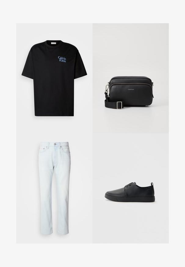 Camiseta de algodón negra con un corte relajado, que presenta mangas cortas y un logotipo bordado en azul de "Calvin Klein" en el pecho.; Jeans de mezclilla azul claro con corte recto. Cuentan con un cierre de botón y pasadores para cinturón, mostrando una textura desgastada y costuras mínimas.; Zapatilla negra de cuero con acabado suave, punta redondeada, costuras a tono, cordones en la parte delantera y suela de goma plana. Asa en el talón.; Bolso bandolera de cuero negro con dos compartimentos con cremallera, acabado texturizado, correa ajustable y acentos de hardware en plata. Logo de Calvin Klein exhibido.