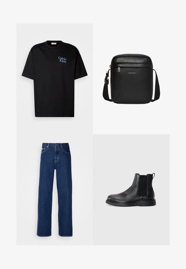 Zwarte katoenen T-shirt met een relaxte pasvorm, met korte mouwen en een blauwe geborduurde "Calvin Klein" logo op de borst.; Donkerblauwe denim jeans met een wijdbeen ontwerp, voorzien van een knoopsluiting en klassieke vijf-pocket styling. De stof heeft een gladde textuur.; Zwarte leren Chelsea boots met een gestructureerde afwerking, elastische zijpanelen en een stevige rubberen zool. Subtiele branding op de hiel.; Zwarte Calvin Klein crossbodytas met verstelbare riem, voorvak met ritssluiting en subtiel logo op een getextureerd leren oppervlak.