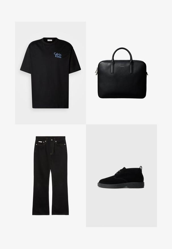 Must must T-särk, millel on mugav lõige, lühikesed varrukad ja sinine tikand "Calvin Klein" logo rinnaesisel.; Mustad sirgelõikelised teksad oranži õmblusega, viis taskut, nööpkinnitus ja väike Calvin Kleini silt ees paremal taskul.; Mustad nahast pahkluu saapad ümarate varvastega, paeltega disain, must kummitald ja seljaosas tõmblõng mugavaks selga panemiseks.; Mustast tekstuuriga nahast portfell kahe käsitsemisvõimalusega ja hõbedaste tõmblukuga, valge tausta keskel.