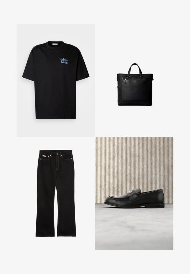 Schwarzes Baumwoll-T-Shirt mit entspanntem Schnitt, kurzen Ärmeln und einem blauen gestickten "Calvin Klein"-Logo auf der Brust.; Schwarze Jeans mit geradem Bein, oranger Naht, fünf Taschen, Knopfverschluss und kleinem Calvin Klein-Label auf der vorderen rechten Tasche.; Schwarzer Lederloafer mit einer Metallmarkenplatte, der nahe einem braunen runden Tisch auf beigem Teppichboden ruht.; Schwarze Tragetasche mit Doppelgriffen, großer vorderer Ledertasche mit Reißverschluss und dezentem Calvin Klein-Logo in der Mitte der Tasche.