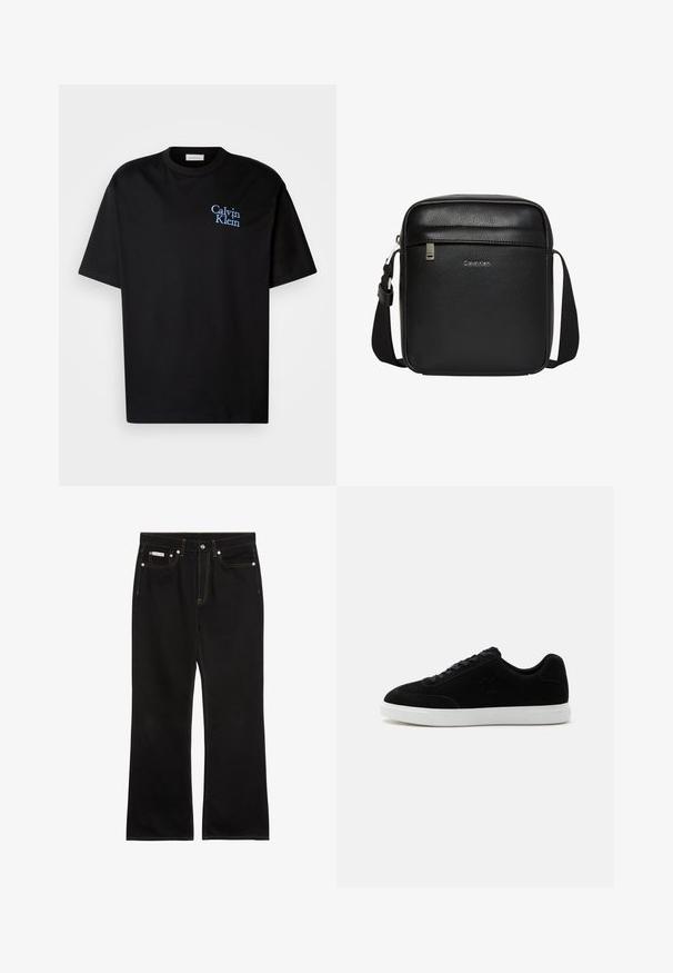 Μαύρο βαμβακερό t-shirt με άνετη εφαρμογή, διαθέτοντας κοντά μανίκια και μπλε κεντημένο λογότυπο "Calvin Klein" στο στήθος.; Μαύρο τζιν με ίσια γραμμή, πορτοκαλί ραφές, πέντε τσέπες, κούμπωμα με κουμπί και μικρή ετικέτα Calvin Klein στην μπροστινή δεξιά τσέπη.; Μαύρο χαμηλό sneaker με κορδόνια μπροστά, διακριτικό λογότυπο "ck" στο πλάι και παχύ λευκό λαστιχένιο πέλμα σε απλό ανοιχτό φόντο.; Μαύρη τσάντα Calvin Klein χιαστί με ρυθμιζόμενο λουράκι, μπροστινή τσέπη με φερμουάρ και διακριτικό λογότυπο σε υφή δέρματος.