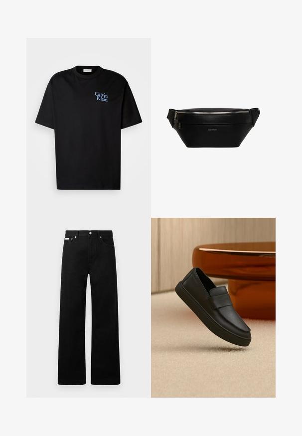 Camiseta de algodón negra con un corte relajado, que presenta mangas cortas y un logotipo bordado en azul de "Calvin Klein" en el pecho.; Pantalones de mezclilla negros con un diseño de pierna ancha, que cuentan con cinco bolsillos y herrajes de botón metálico. Textura suave, sin patrones visibles.; Zapato mocasín de piel negra tipo slip-on con una tira sobre la parte superior, colocado sobre una alfombra beige y junto a una mesa redonda marrón.; Riñonera de cuero negro Calvin Klein con cremallera plateada y correa ajustable, logo minimalista en el centro del frente.