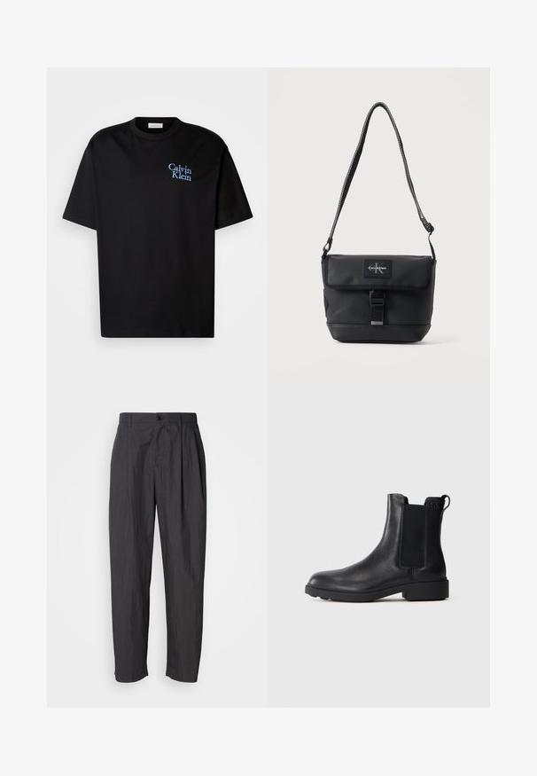 Camiseta de algodón negra con un corte relajado, que presenta mangas cortas y un logotipo bordado en azul de "Calvin Klein" en el pecho.; Pantalones rectos de color gris oscuro con pasadores para cinturón, cierre frontal con botón y bolsillos laterales sobre un fondo claro liso.; Botín negro de cuero hasta el tobillo con paneles laterales elásticos, tirador en el talón y suela baja de bloque sobre un fondo liso.; Bolso de hombro negro Calvin Klein con correa ajustable, solapa frontal, cierre de hebilla y parche visible con el logo de la marca.