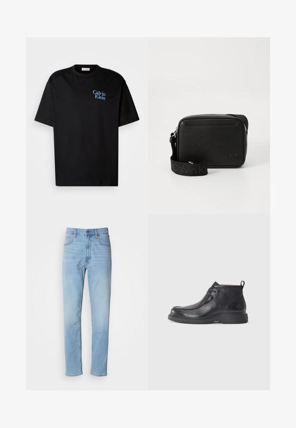 Camiseta de algodón negra con un corte relajado, que presenta mangas cortas y un logotipo bordado en azul de "Calvin Klein" en el pecho.; Jeans de mezclilla azul claro con un corte recto, cinco bolsillos y trabillas para cinturón. La tela presenta una textura suave con un ligero efecto de desvanecimiento.; Botas de cuero negras hasta el tobillo con punta redondeada, diseño con cordones y una lengüeta en la parte trasera. Parte superior texturizada y suela de goma.; Bolso bandolera de cuero negro texturizado con una amplia asa de tela de marca Calvin Klein y un pequeño logo cK grabado en la parte frontal.