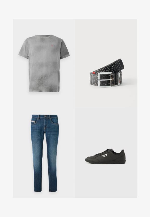 Camiseta gris de manga corta con un acabado texturizado. Presenta un pequeño logotipo rojo en el lado izquierdo del pecho. Cuello redondo simple y dobladillo recto.; Jeans de denim en azul oscuro con un ligero desgaste, diseño de pierna recta, cinco bolsillos y detalles de costura en contraste.; Zapatillas deportivas negras sintéticas con suela negra texturizada, puntera redonda y cordones planos negros. Destaca un logo blanco en el lateral exterior.; Cinturón negro Diesel con gran texto de logo en blanco, hebilla rectangular plateada y detalle de la anilla metálica con marca, enrollado sobre un fondo claro.