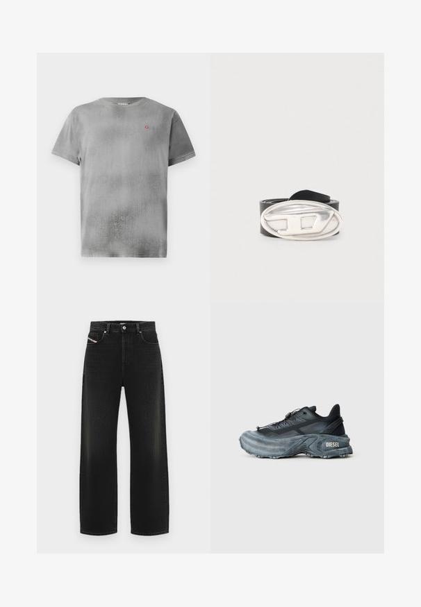 Graues Kurzarm-T-Shirt mit strukturiertem Finish. Mit einem kleinen roten Logo auf der linken Brust. Einfacher runder Ausschnitt und gerader Saum.; Schwarze weit geschnittene Jeans aus Denim, mit hoher Taille, Vordertaschen und einer subtilen, verblassten Textur, ausgestattet mit einem klassischen Knopfverschluss.; Schwarz- und graue Diesel-Sneaker mit dicker Sohle, Schnürverschluss und strukturiertem Design auf einem schlichten hellgrauen Hintergrund.; Schwarzer Ledergürtel, zusammengerollt, mit einer großen ovalen silbernen Schnalle, die ein erhabenes stilisiertes "D"-Design zeigt.