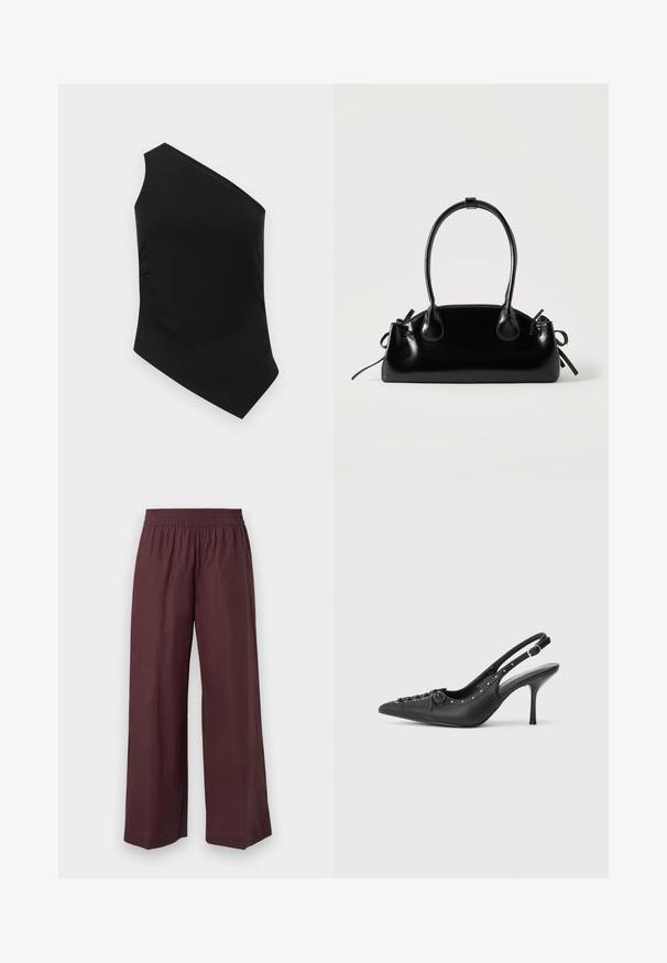 Débardeur noir asymétrique avec une bretelle unique ; fabriqué en tissu extensible à texture lisse et fronces sur le côté.; Pantalon bordeaux à jambes larges en tissu léger, doté d'une ceinture élastique et de coutures nettes et simples sans motifs supplémentaires.; Escarpin en cuir noir à talon aiguille avec un bout pointu, une bride latérale à boucle, des clous le long du bord et un laçage décoratif à l'avant.; Petit sac à main noir brillant avec deux longues anses et des détails à cordon sur les côtés sur un fond clair uni.