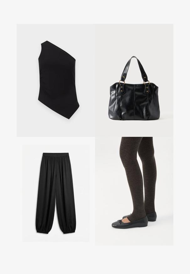 Débardeur noir asymétrique avec une bretelle unique ; fabriqué en tissu extensible à texture lisse et fronces sur le côté.; Pantalon noir ample avec taille élastique froncée et poignets élastiques, fabriqué en tissu léger et fluide.; Jambes portant des leggings côtelés foncés associés à des ballerines noires avec de petits détails en nœud sur fond blanc.; Sac à épaule en cuir noir avec double anses attachées par des anneaux et rivets dorés, surface lisse et légèrement brillante, design simple.