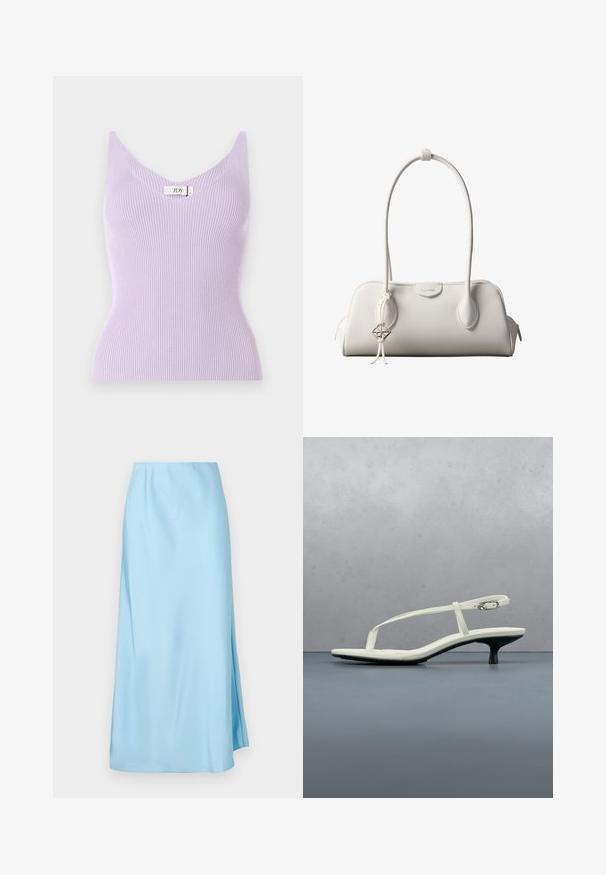Top sin mangas de color lila con un escote en V y un diseño ajustado. El material parece suave con detalles de textura vertical. Etiqueta de la marca visible.; Falda midi azul claro con una textura suave, que cuenta con una ligera abertura lateral y una pretina elástica para mayor comodidad y facilidad de uso.; Sandalia blanca de tacón kitten con tiras y punta afilada, flotando sobre un suelo de baldosas de madera al aire libre, con un fondo desenfocado de plantas y pared.; Bolso de hombro blanco de Calvin Klein con asas largas, forma rectangular, cierre de cremallera y charm decorativo con el logo colgando cerca del asa.
