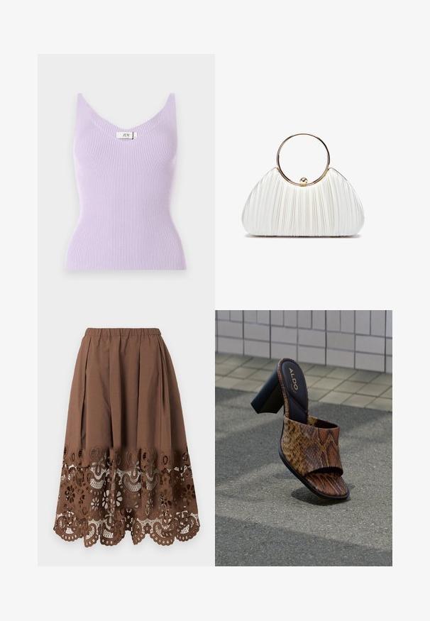 Haut sans manches lilas à côtes avec un col en V et une coupe ajustée. Le matériau semble doux avec des détails de texture verticale. Étiquette de marque visible.; Jupe midi marron avec taille élastique et détails en dentelle florale découpée le long de l'ourlet.; Mule à talon haut marron à imprimé serpent, à bout ouvert, avec talon carré noir, posée sur un pavé texturé près d'un mur carrelé.; Sac à main plissé blanc avec une poignée circulaire en or, doté d'un tissu doux et d'une forme arrondie. Design élégant avec une finition texturée.