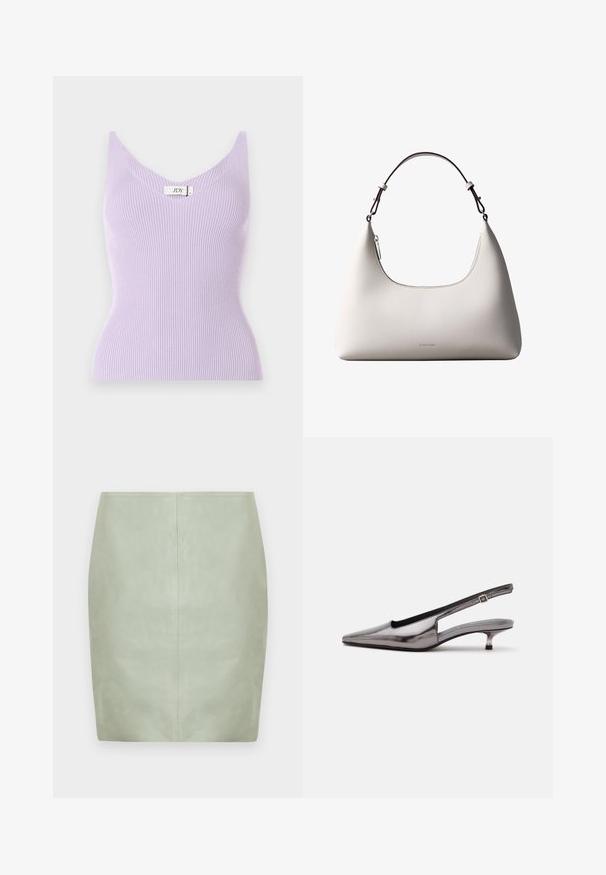 Top sin mangas de color lila con un escote en V y un diseño ajustado. El material parece suave con detalles de textura vertical. Etiqueta de la marca visible.; Minifalda de cuero verde menta con ajuste entallado, que presenta un diseño limpio y una costura central en la parte trasera. Textura suave, sin herrajes visibles.; Zapato slingback gris metálico con punta puntiaguda, tacón bajo tipo kitten y correa ajustable sobre fondo blanco.; Bolso de hombro de cuero color crema de Calvin Klein con borde superior curvado, cremallera plateada y correa ajustable marrón oscuro.