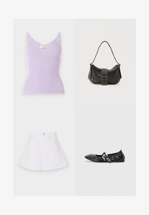 Top sin mangas de color lila con un escote en V y un diseño ajustado. El material parece suave con detalles de textura vertical. Etiqueta de la marca visible.; Falda de mezclilla blanca con un diseño acampanado, cuenta con una cintura entallada, cinco bolsillos y un cierre de botón en la parte delantera. Textura suave.; Zapato plano de piel negra con puntera afilada, detalle fruncido alrededor de la abertura y un acento de hebilla plateada en la correa ajustable.; Bolso de hombro de cuero negro con detalle de correa con hebilla, bordes curvos y costuras blancas en contraste sobre un fondo liso.