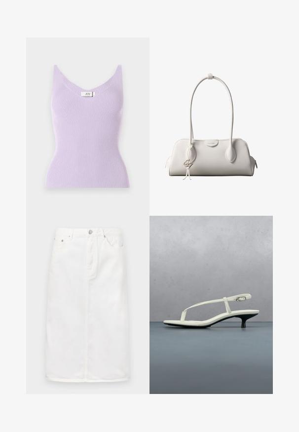 Lila gerippte ärmellose Bluse mit V-Ausschnitt und figurbetonter Passform. Das Material wirkt weich und hat vertikale Texturdetails. Markenlabel sichtbar.; Weiße Jeansrock mit einem Frontreißverschluss, Fünf-Taschen-Design und geradem Schnitt mit Nähtelementen.; Weiße Riemchenpantolette mit kitten heel und spitz zulaufender Zehenpartie, schwebt über einem Holzkachelboden im Freien mit verschwommenem Pflanzen- und Wandhintergrund.; Weiße Calvin Klein Schultertasche mit langen Griffen, rechteckiger Form, Reißverschluss und dekorativem Logo-Anhänger, der in der Nähe des Griffs hängt.