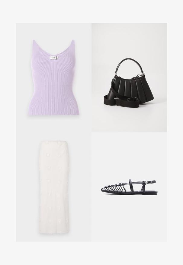 Lila gerippte ärmellose Bluse mit V-Ausschnitt und figurbetonter Passform. Das Material wirkt weich und hat vertikale Texturdetails. Markenlabel sichtbar.; Weißer knielanger Rock aus strukturiertem Stoff, mit einem bestickten Muster und subtilen Fransen. Gerader Schnitt und nahtloser Bund.; Schwarze flache Sandale mit mehreren dünnen Riemen, verstellbarem Knöchelriemen mit Schnalle und offenem Zehenkäfig-Design vor weißem Hintergrund.; Schwarze, gefaltete Handtasche mit einem runden Griff, verstellbarem Schulterriemen und glänzender Textur. Verfügt über silberne Hardware und eine strukturierte Silhouette.