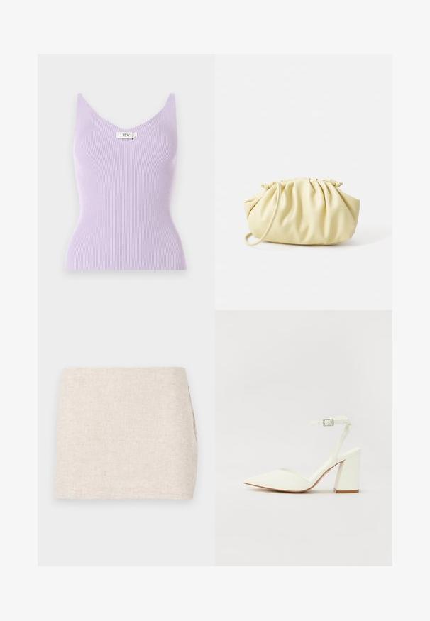 Lila gerippte ärmellose Bluse mit V-Ausschnitt und figurbetonter Passform. Das Material wirkt weich und hat vertikale Texturdetails. Markenlabel sichtbar.; Beige Leinenrock mit minimalistischer Gestaltung, der eine glatte Textur und subtile Webart aufweist. Er hat einen geraden, schlichten Schnitt ohne sichtbare Verschlüsse.; Weißer sandal mit Absatz und spitzem Zehenbereich, verstellbarem Knöchelriemen und chunky quadratischem Absatz. Glatte Textur mit minimalen Nähdetails.; Gelbe, gefaltete Handtasche aus glattem Kunstleder mit weicher Form, einzigem Schulterriemen und gerafftem Oberteil.