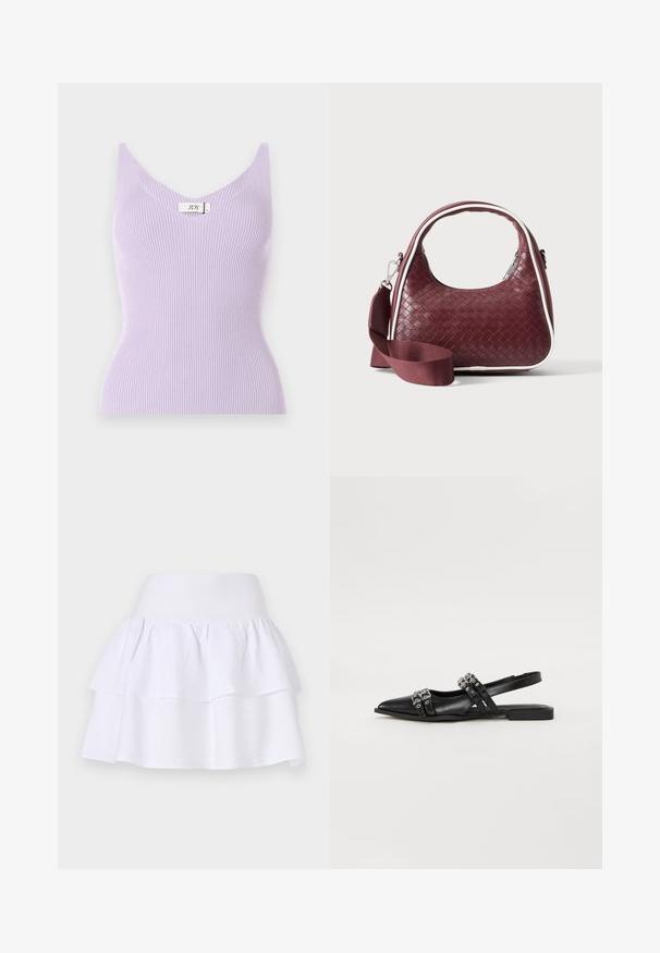 Top sin mangas de color lila con un escote en V y un diseño ajustado. El material parece suave con detalles de textura vertical. Etiqueta de la marca visible.; Falda blanca de volantes hecha de un tejido ligero, con un diseño ligero que cuenta con una cinturilla elástica y dos capas con volantes.; Even&Odd by Zalando Bailarinas con tira trasera - black; Bolso de mano de cuero tejido color granate con asa curva, ribete blanco, cremallera plateada y correa desmontable de tela ancha para el hombro sobre fondo liso.