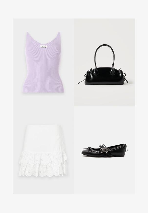 Top sin mangas de color lila con un escote en V y un diseño ajustado. El material parece suave con detalles de textura vertical. Etiqueta de la marca visible.; Falda blanca de algodón con un diseño de volantes en capas y bordado de ojales en el dobladillo. Textura suave, por encima de la rodilla.; Zapato de ballet plano negro con correas de doble hebilla, ojales plateados y un pequeño lazo cerca de la puntera redondeada sobre un fondo blanco.; Pequeño bolso negro brillante con dos asas largas y detalles de cordón lateral sobre un fondo claro liso.