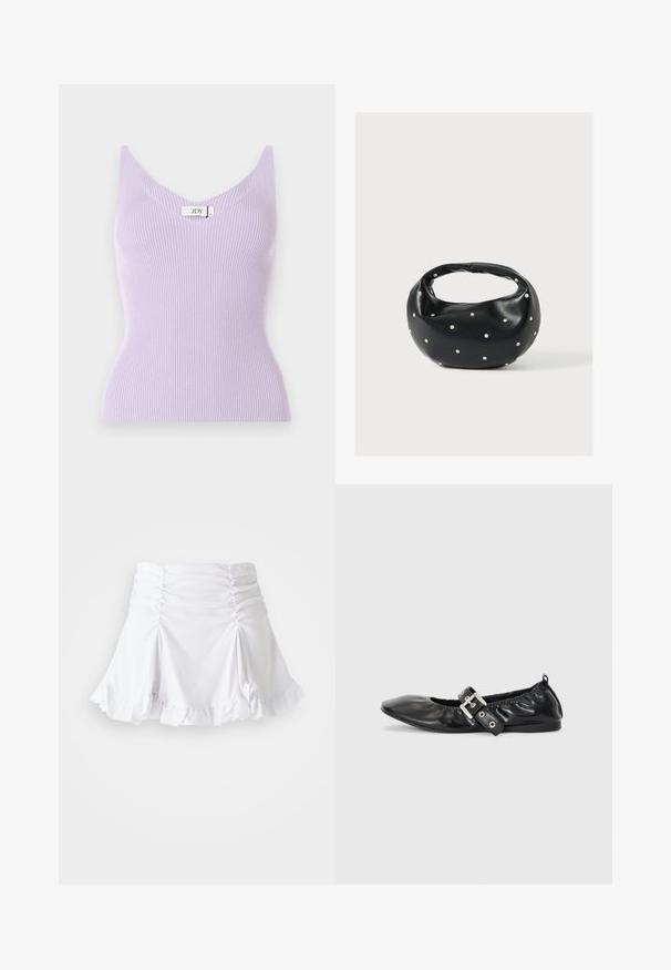 Top sin mangas de color lila con un escote en V y un diseño ajustado. El material parece suave con detalles de textura vertical. Etiqueta de la marca visible.; Falda blanca de tela texturizada con detalles fruncidos y dobladillo con volantes. Presenta un diseño acampanado con una cintura ajustada.; Zapato plano de piel negra con puntera afilada, detalle fruncido alrededor de la abertura y un acento de hebilla plateada en la correa ajustable.; Bolso de mano de cuero negro con forma redondeada, decorado con detalles de tachuelas plateadas y un asa corta. Textura lisa y cierre con cremallera.